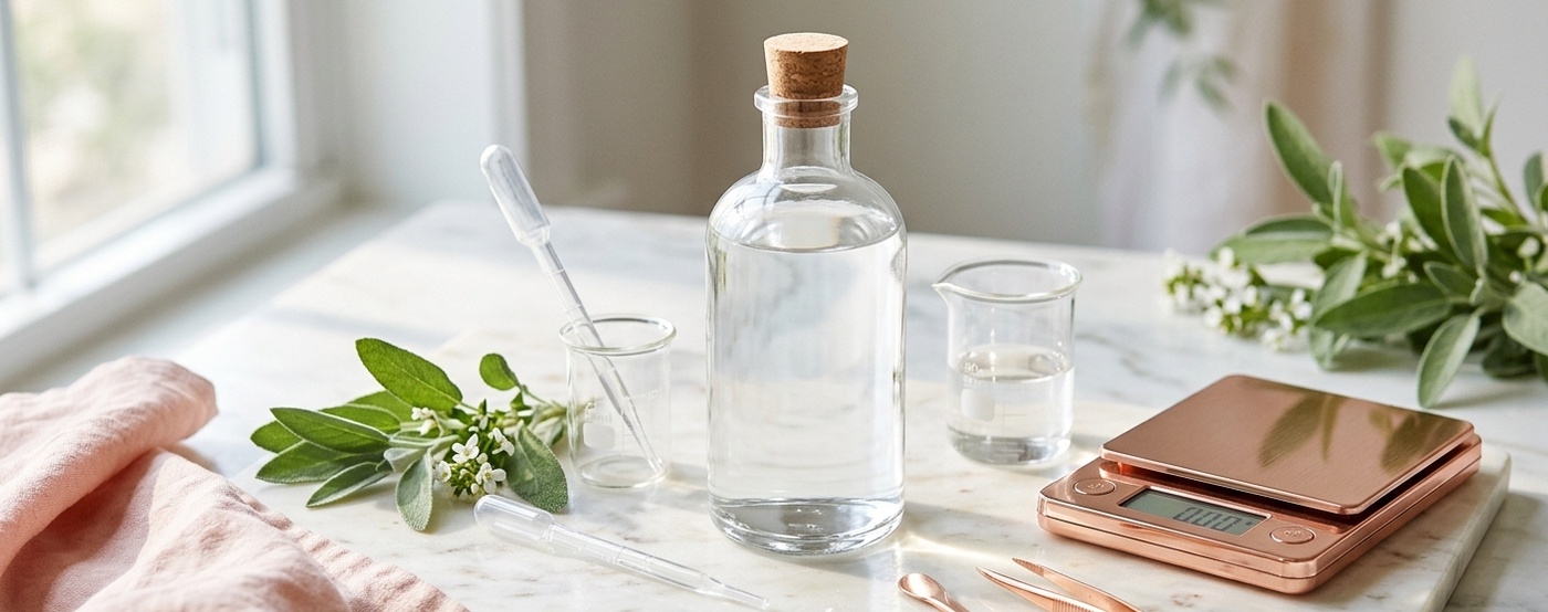 bottle of distilled water placed on a warm white marble surface, surrounded by small glass beakers, a precision digital scale, and delicate pipettes. Soft natural side lighting casting gentle shadows. Blush pink linen cloth draped subtly in the corner.