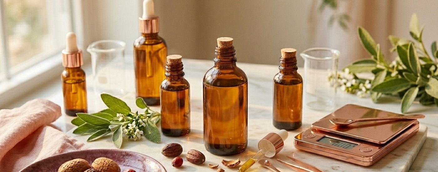 vegetable oils in amber glass dropper bottles arranged on warm white marble. Scattered raw jojoba seeds, rosehip berries, and sweet almond shells around the bottles.