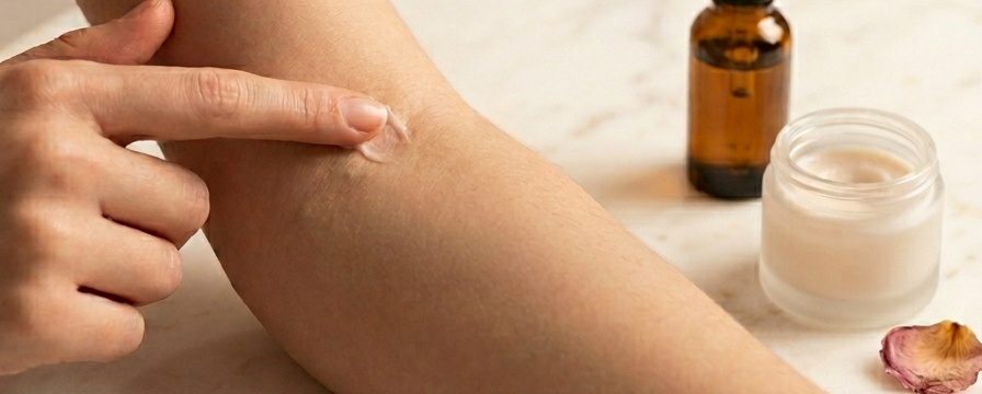 A person is applying a small amount of cream to the inside of their forearm for a patch test, with an amber dropper bottle, a cosmetic jar, and a dried petal on a marble surface in the background.