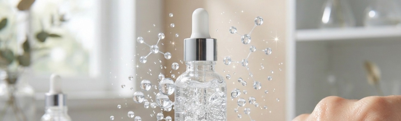 A premium cosmetic product image featuring a transparent hyaluronic acid serum bottle with a slightly gel-like texture, surrounded by water droplets and elegant molecular structures representing hyaluronic acid.