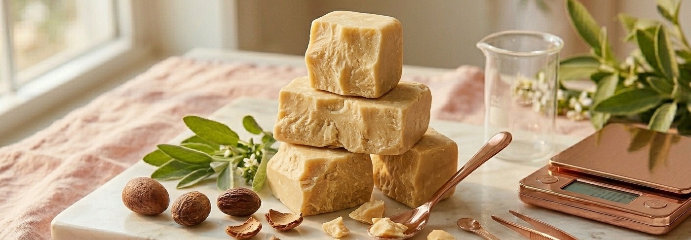 photograph of block on a warm white marble surface. Raw shea nuts and husks scattered organically around the jar. Small sage olive leaf sprig resting beside it. Rose gold spatula dipped into the butter. Blush pink linen underneath. Soft diffused natural light from above highlighting the texture of the butter. 