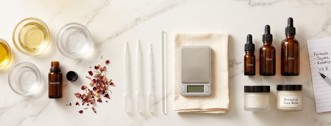 Vue de dessus d'un atelier de cosmétique naturelle sur un plan de travail en marbre. Des bols en verre, des flacons ambrés, des pipettes, une balance et des ingrédients botaniques sont soigneusement alignés.