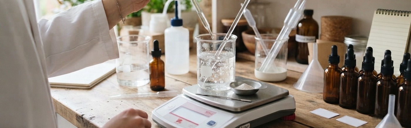 A realistic photograph of a cosmetic formulation workspace showing someone making a homemade hyaluronic acid serum. Glass beakers with a transparent gel-like liquid, precision scale, white hyaluronic acid powder, pipettes, amber glass bottles, and cosmetic tools.
