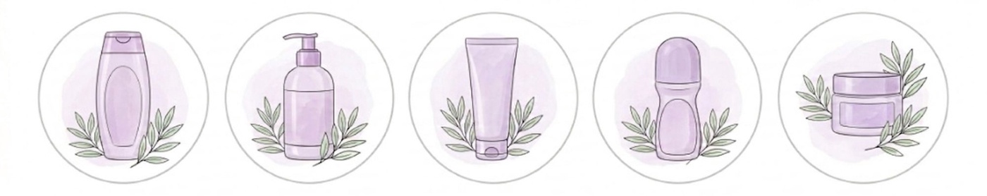 A line of five circles, each containing a different lavender-colored bottle or jar. From left to right: a shampoo bottle, a pump bottle, a squeeze tube, a roll-on bottle, and a jar. Small green leafy branches are around each one.