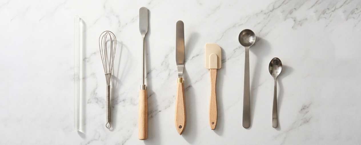 Overhead view of several small kitchen and laboratory tools, including a glass stirring rod, wire whisk, spatulas, and measuring spoons, neatly arranged in a row on a white marble countertop with grey veining.