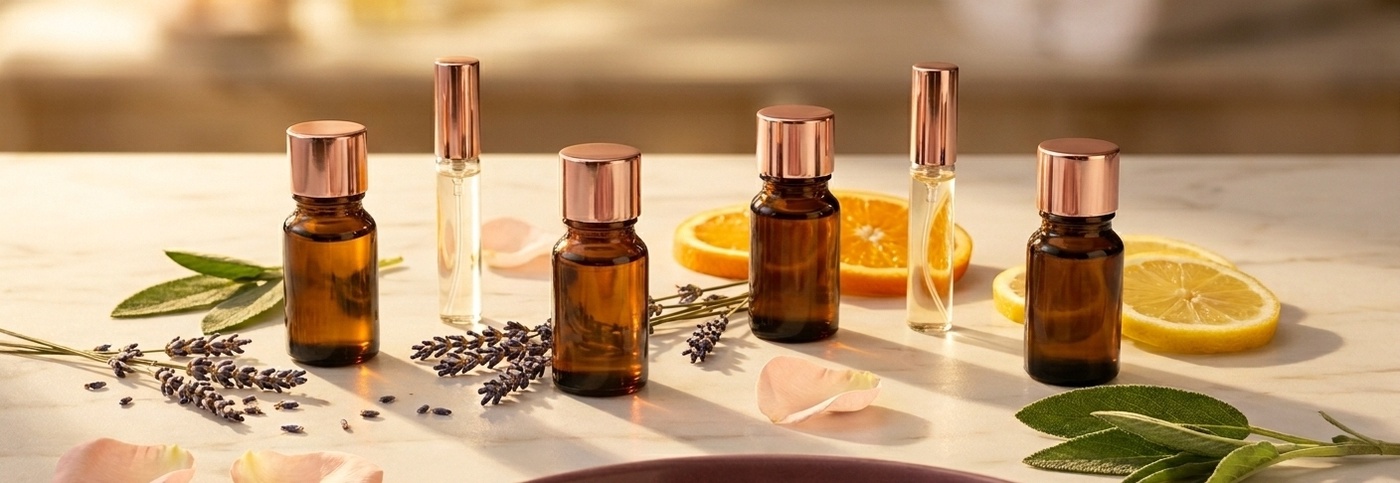 Artistic arrangement of small dark glass essential oil bottles and elegant fragrance vials on a warm white marble surface.