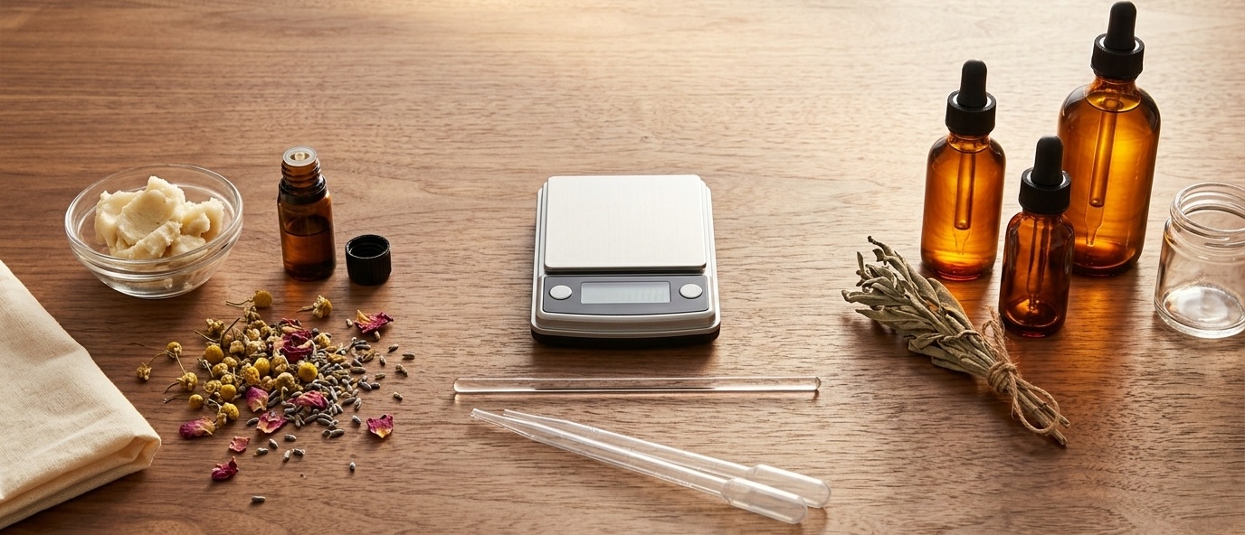 A wide-angle, high-angle shot of a warm wooden maker's table arranged with DIY cosmetic ingredients, including amber glass bottles, glass pipettes, a precision scale, dried botanicals, and raw shea butter.