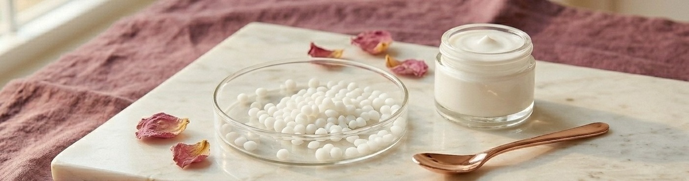 Minimalist flat lay of white cosmetic emulsifier pellets (Olivem 1000) scattered in a small glass dish on warm white marble. Beside it, a small glass jar of freshly made cream with a smooth surface.