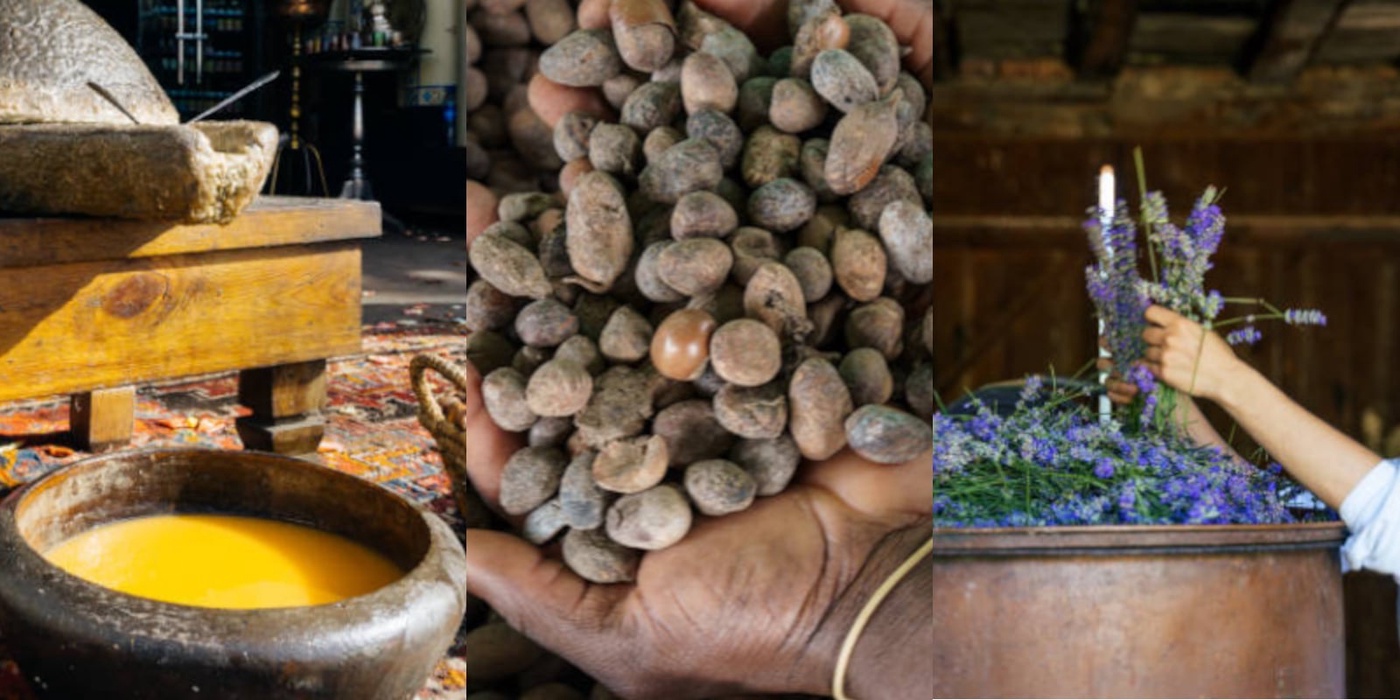 Un triptyque d’images. À gauche de l’huile d’argan réalisée traditionnellement, au centre des cosses de beurre de karité. À droite des brins de lavande dans une cuve en cuivre pour la distillation.