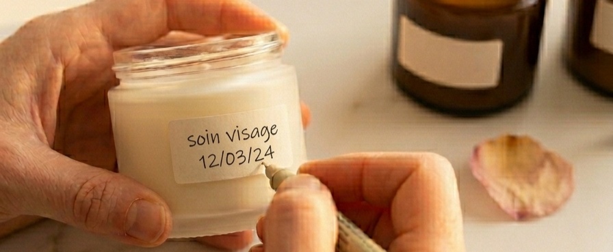 A person writes "soin visage" and a date on the label of a handmade cosmetic jar, with amber glass bottles in the background on a marble surface.