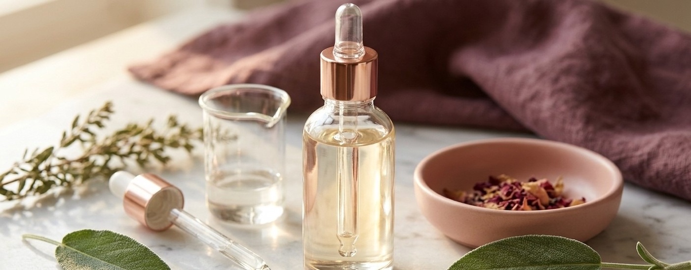 Transparent glass bottle of vegetable glycerin on a warm white marble workspace, its contents catching the light with a subtle golden glow. Surrounded by a glass pipette, small beakers, and a blush pink ceramic dish. Sage green botanical leaves placed naturally around. Rose gold dropper cap detail. Deep mauve linen textile softly blurred in the background. Warm natural side light creating soft reflections on the glass.