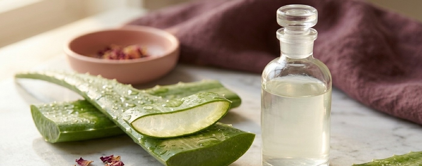 Fresh aloe vera leaves sliced open revealing translucent gel, arranged on a warm white marble surface beside a small clear glass bottle of aloe vera juice. Water droplets on the leaves catching the light. Sage green and blush pink tones naturally present in the botanicals.
