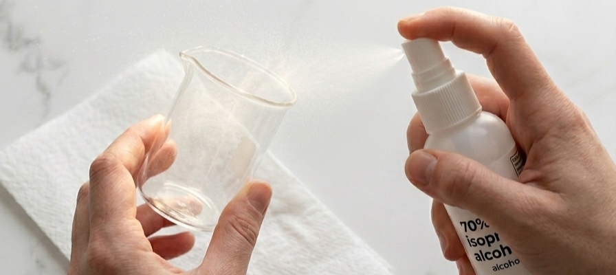 Vue en gros plan d'une personne désinfectant un bécher en verre avec un spray d'alcool à 70 % sur un plan de travail en marbre.